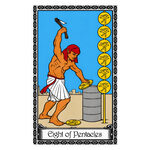 Illustration of the Eight of Pentacles tarot card