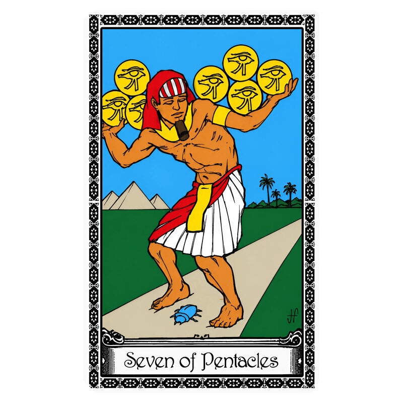 Illustration of the Seven of Pentacles tarot card