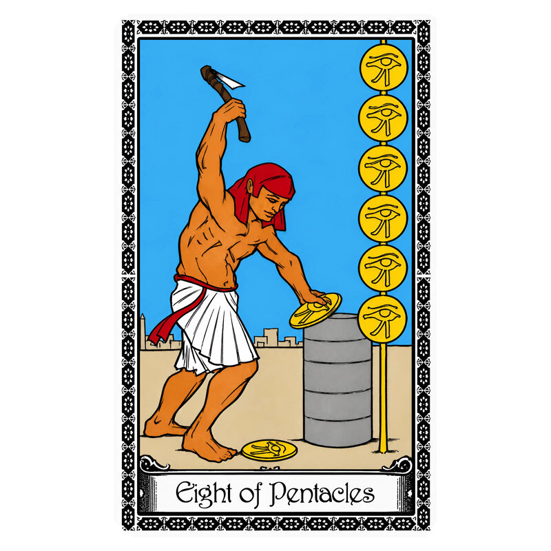 Illustration of the Eight of Pentacles tarot card