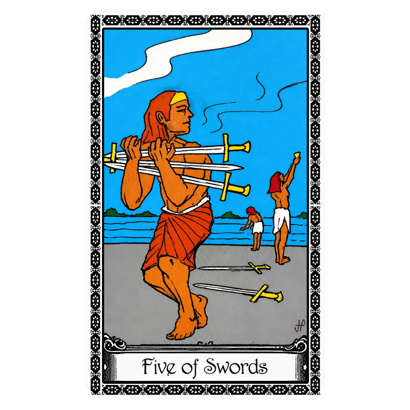 Illustration of the Five of Swords tarot card