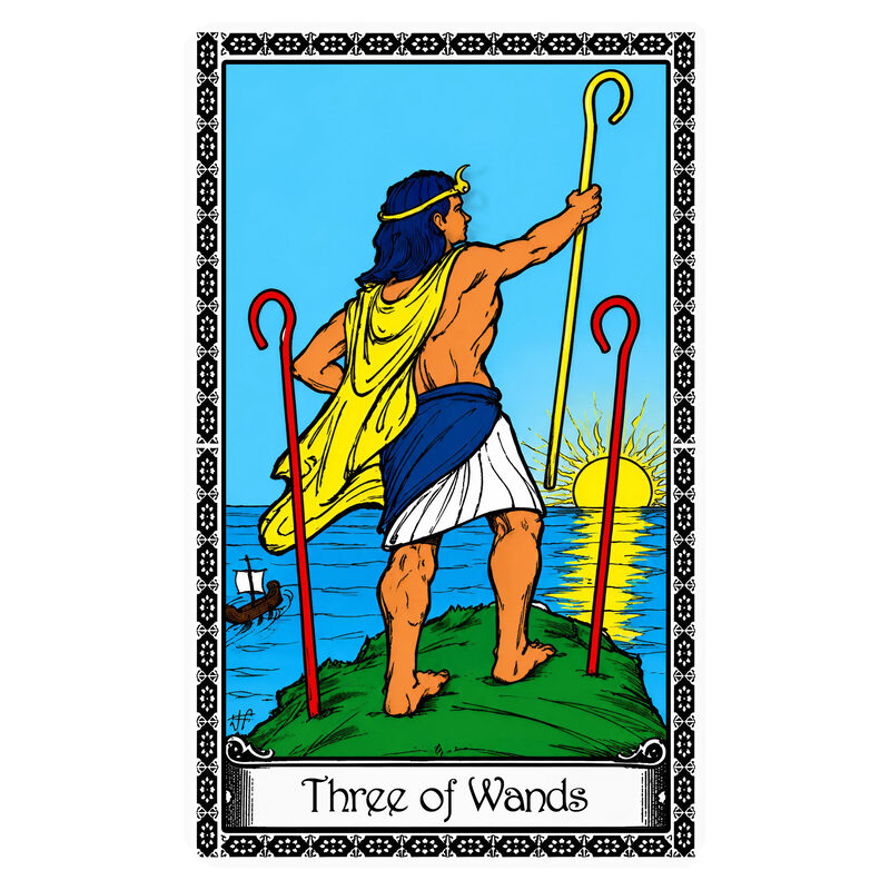 Illustration of the Three of Wands tarot card