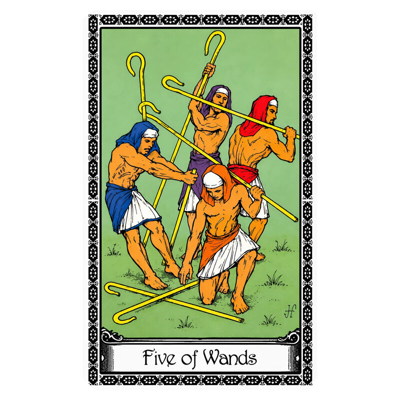 Illustration of the Five of Wands tarot card