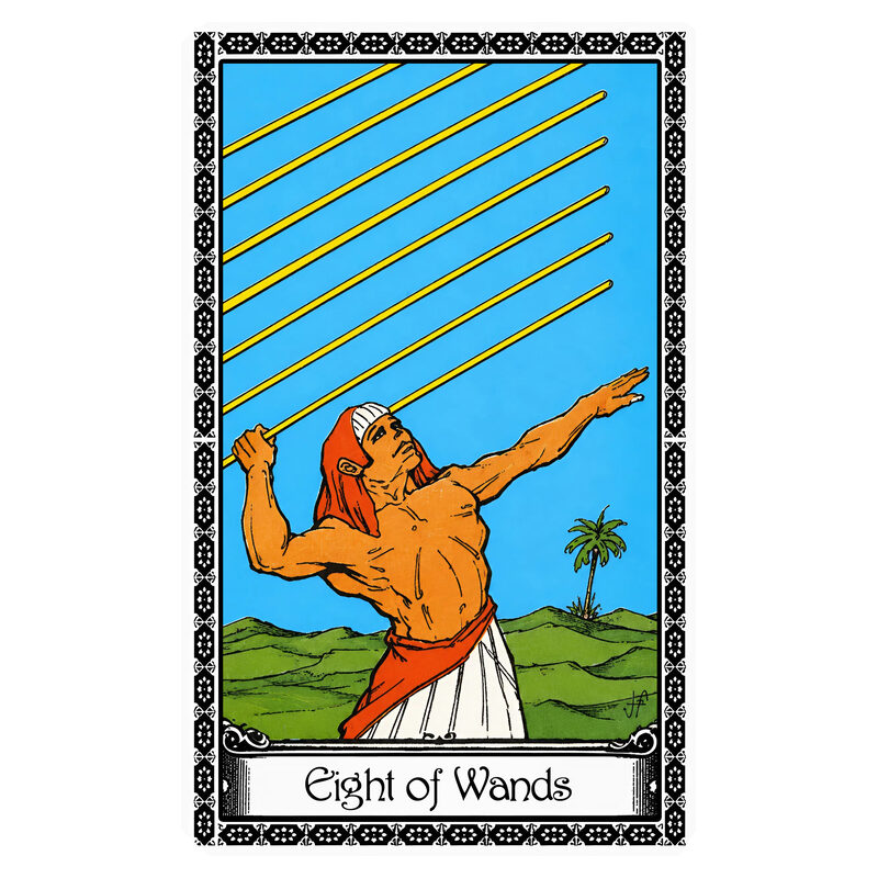 Illustration of the Eight of Wands tarot card