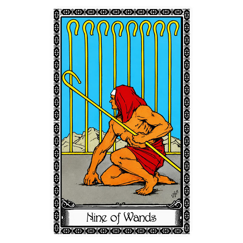 Illustration of the Nine of Wands tarot card
