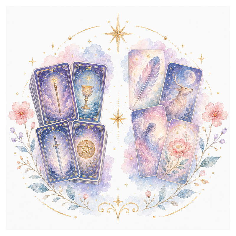An illustration representing Tarot vs. Oracle Cards